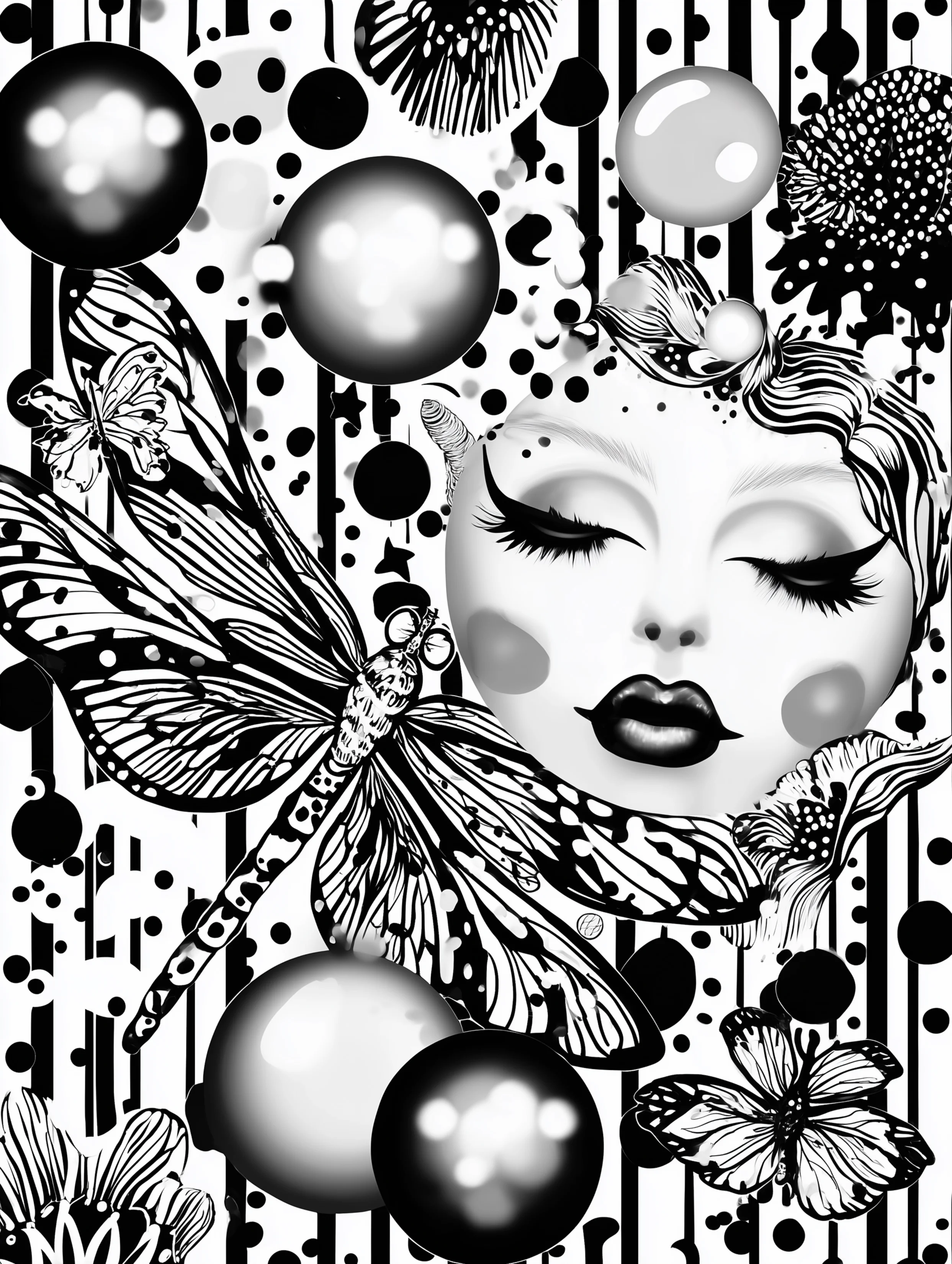 Free printable insect coloring page for adults featuring a face combined with a dragonfly